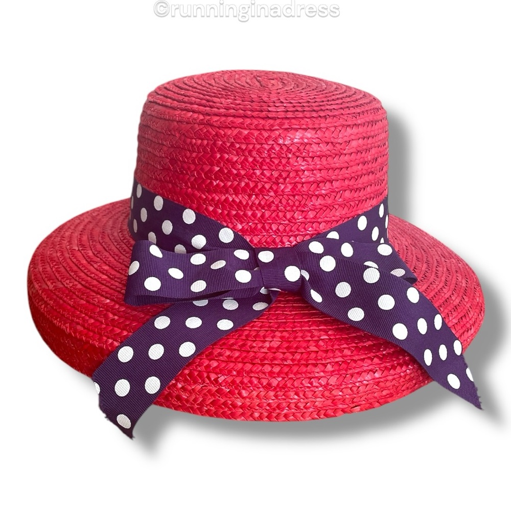 Vintage Scala Officially Licensed Red Hat Society Red Straw Hat Purple Bow